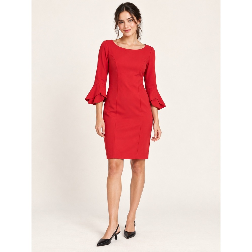White House Black Market Red Sheath Dress Ruffle Bell Sleeve Size 10 Scoop Neck